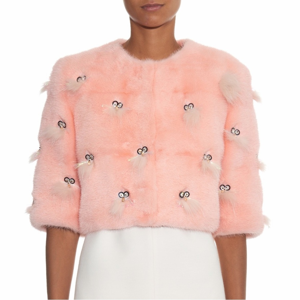 FENDI pink mink fur coat with bug eye embellishment